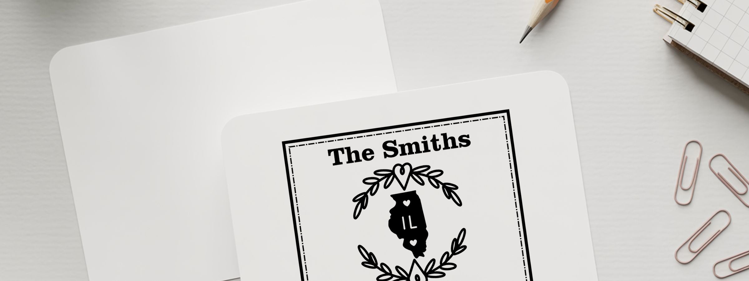 Personalized stationery card for The Smiths with Illinois silhouette and leafy wreath; Illinois Designer Stamps and Seals.