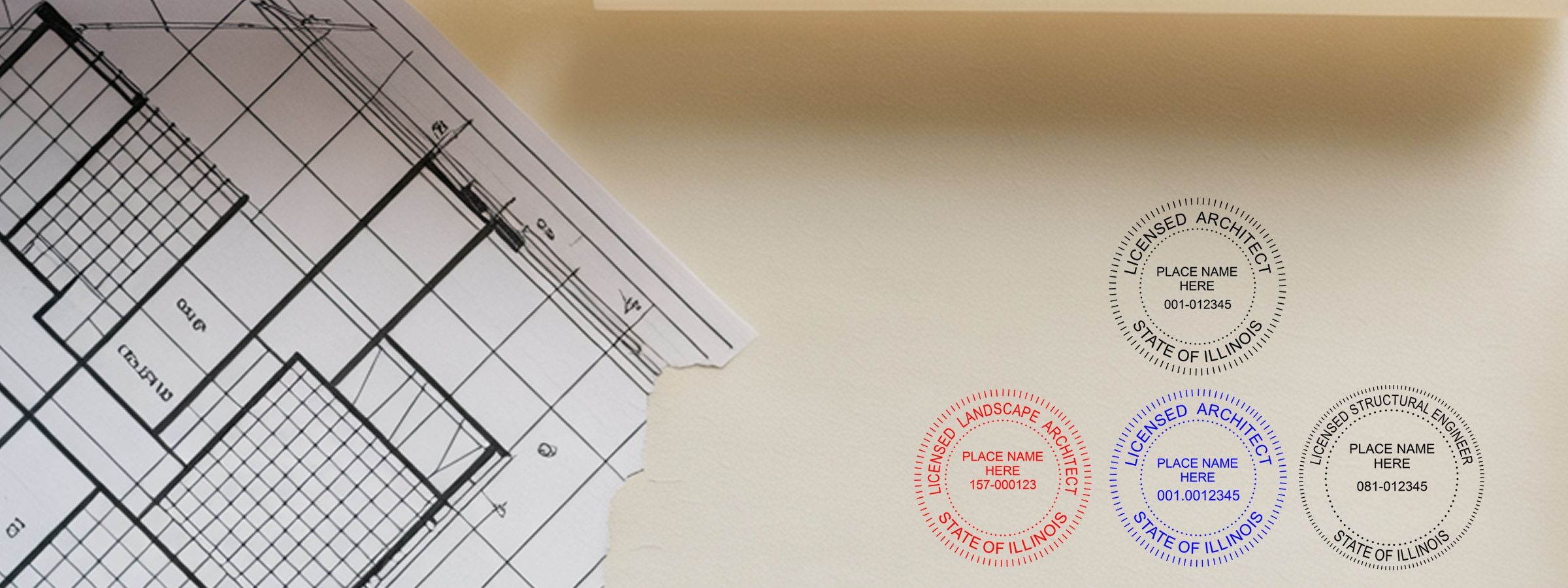 Architectural floor plan with torn edge and four circular Illinois Professional Seals and Stamps in black, red, blue, and gray on beige.