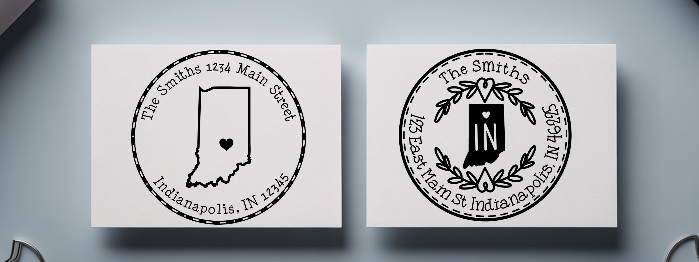 Two black-and-white circular signs by Indiana Designer Stamps and Seals show the Smiths' Indianapolis address; one has Indiana heart, one IN wreath.