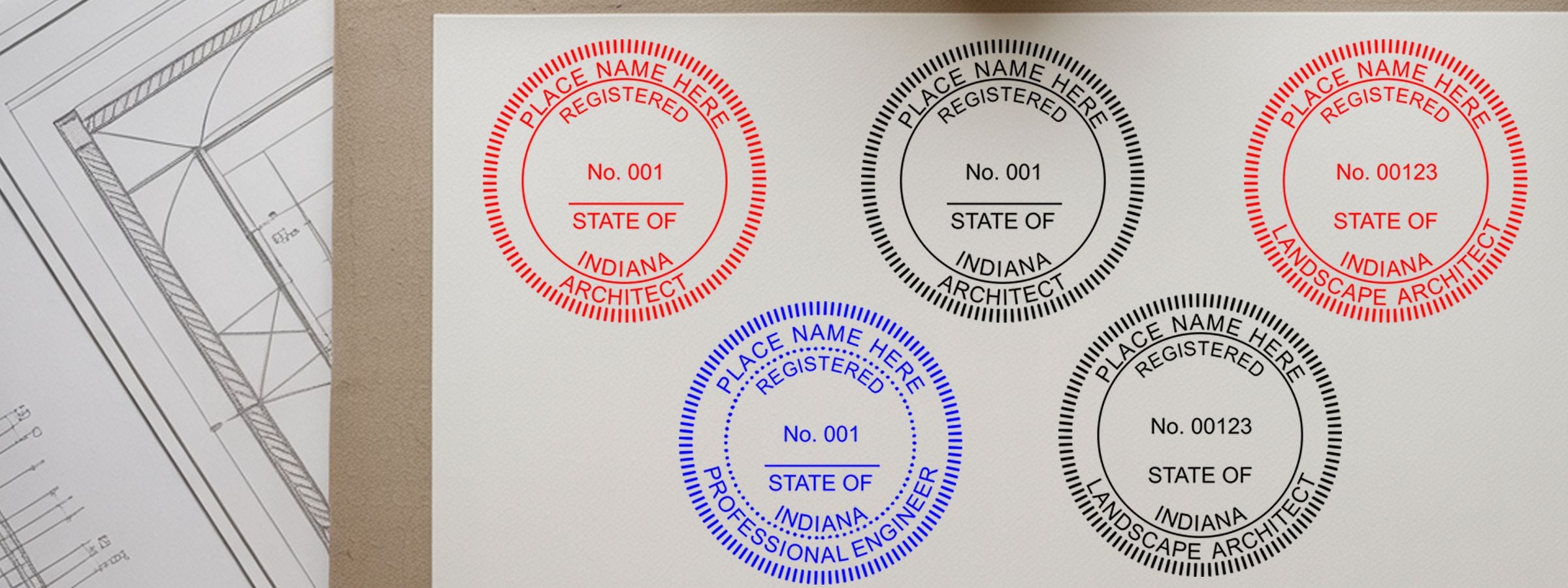 Architectural blueprint beside five Indiana Professional Seals and Stamps samples for architect, landscape architect, and engineer in red, black, and blue.