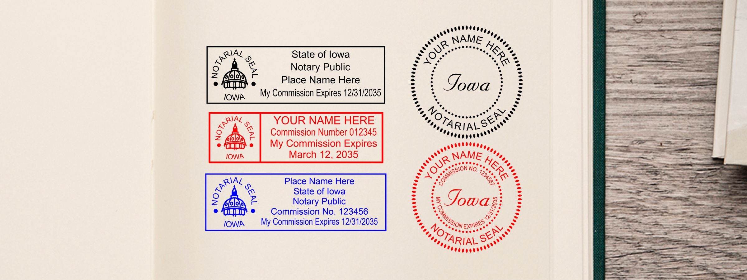 Iowa Notary Supplies, Stamps and Seals with circular logos and rectangular stamps, plus name, commission number, and expiration date in black, red, and blue.