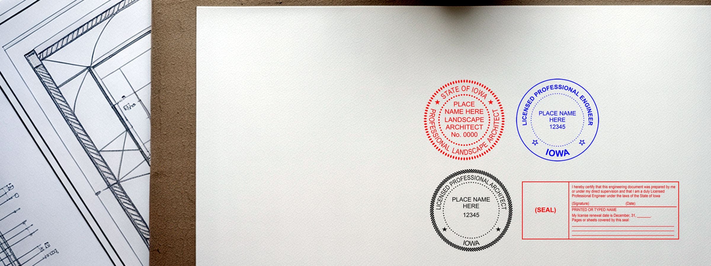 Architectural blueprint beside a white sheet of Iowa Professional Seals and Stamps sample designs in red, blue, and black.