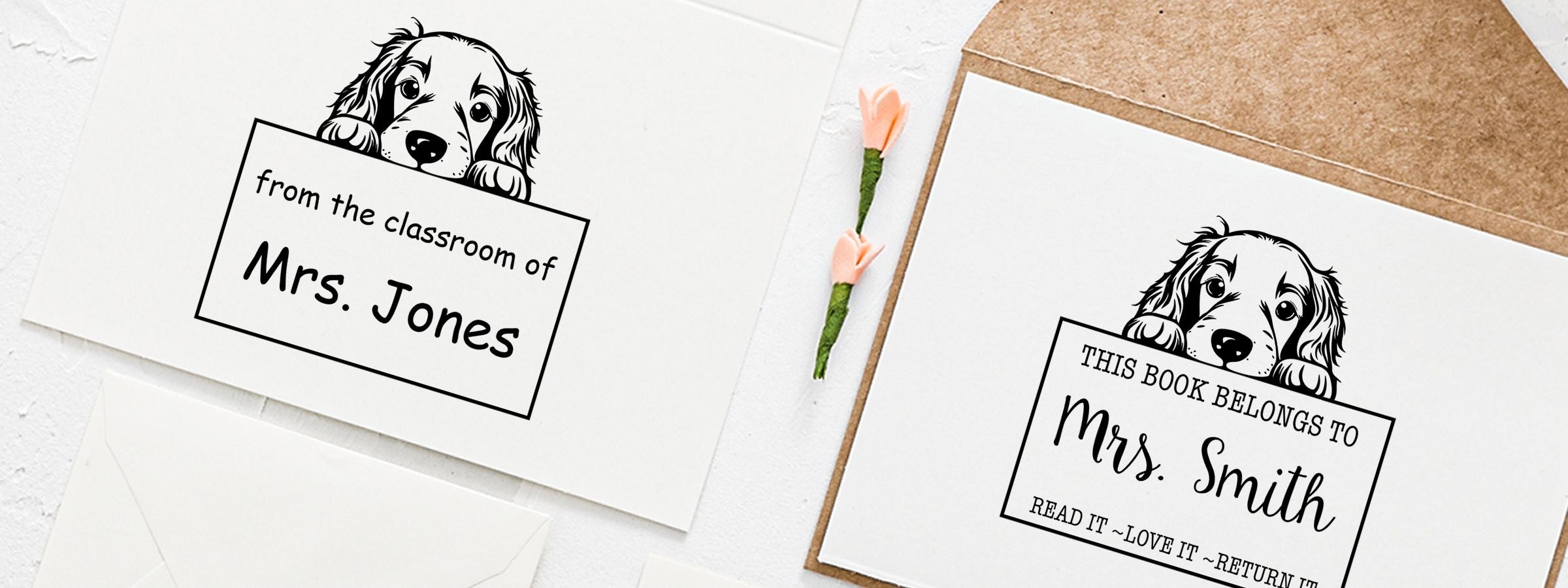 Irish Setter Dog Stamps and Custom Seals bookplate: cartoon dog peeks over sign reading “from the classroom of Mrs. Jones.”