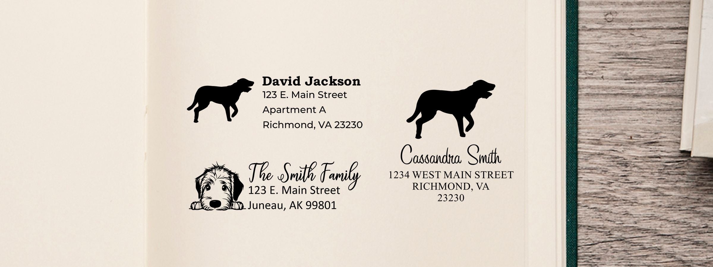 Open catalog page of customizable dog address labels for David Jackson, Cassandra Smith, and The Smith Family, plus Irish Wolfhound Dog Stamps and Custom Seals