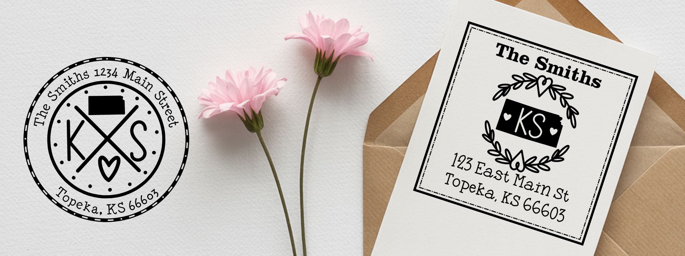 The Smiths return-address mockup with KS monogram, Topeka address, pink flowers, and open envelope from Kansas Designer Stamps and Seals.