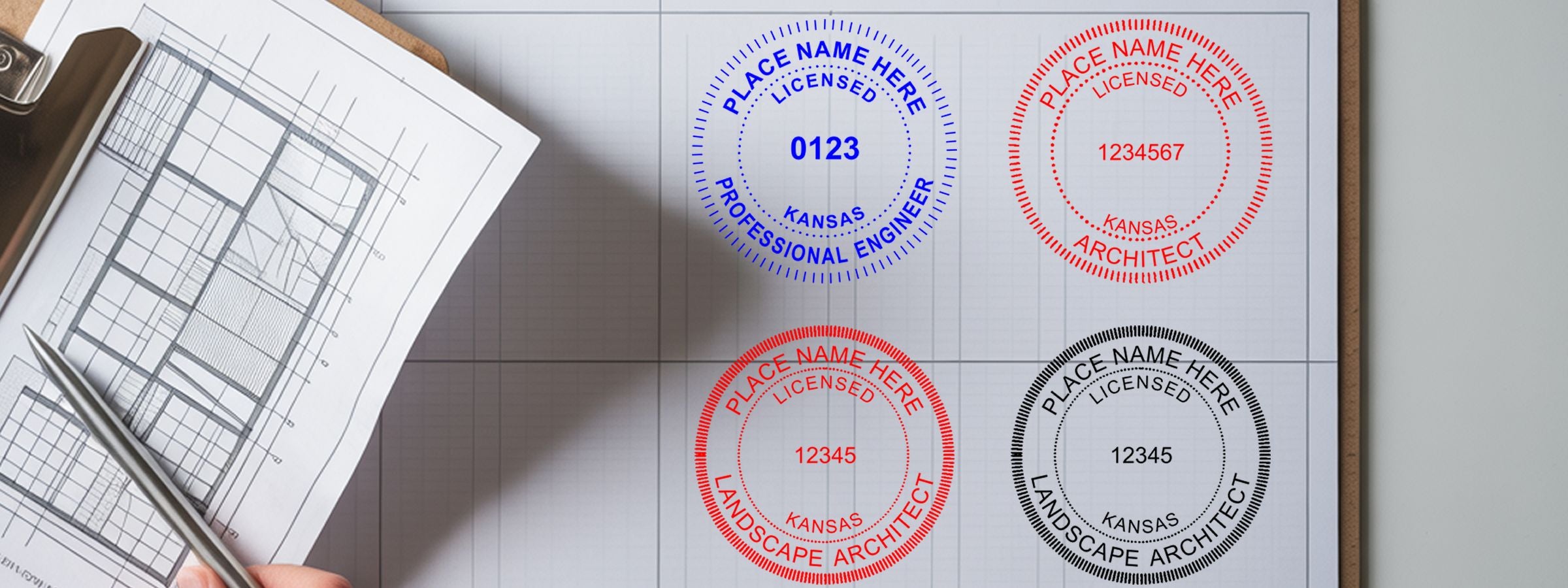 Architectural blueprint on clipboard with pen beside Kansas Professional Seals and Stamps sheet showing four circular blue, red, and black license seals.