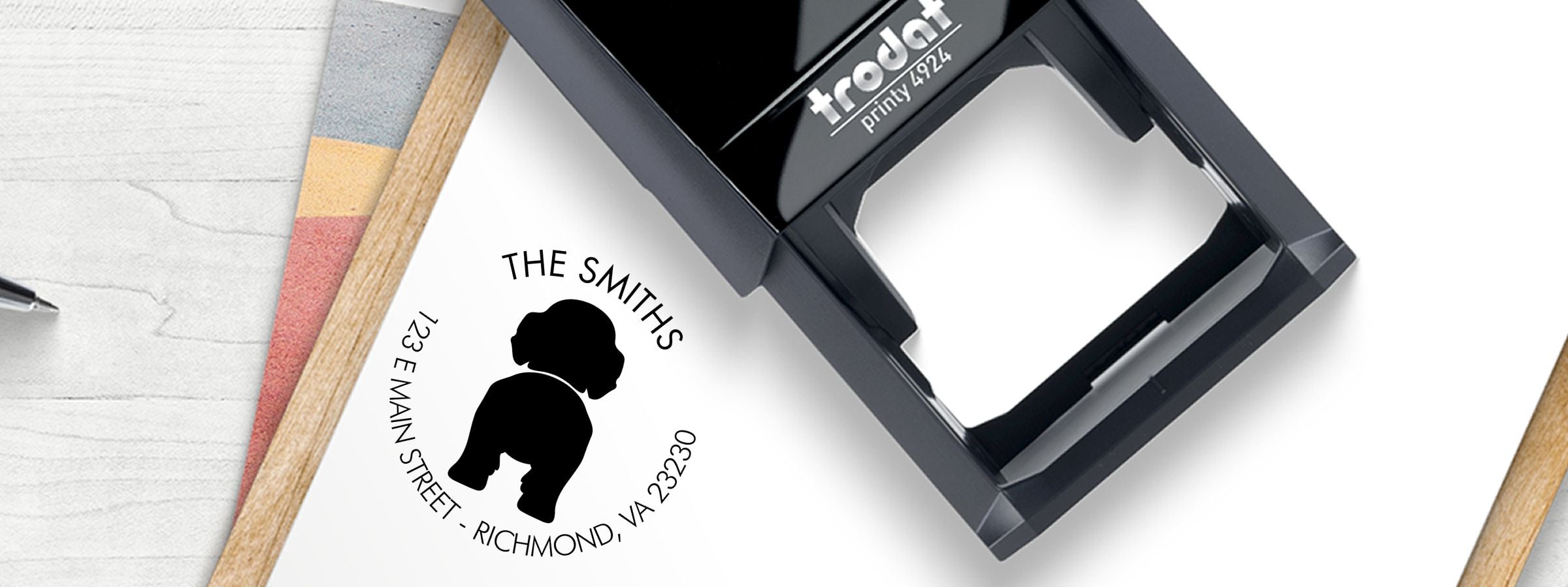 Black Trodat Printy 4924 with circular THE SMITHS return design, silhouette, 123 E Main St, Richmond, VA 23230; Labradoodle Dog Stamps and Custom Seals