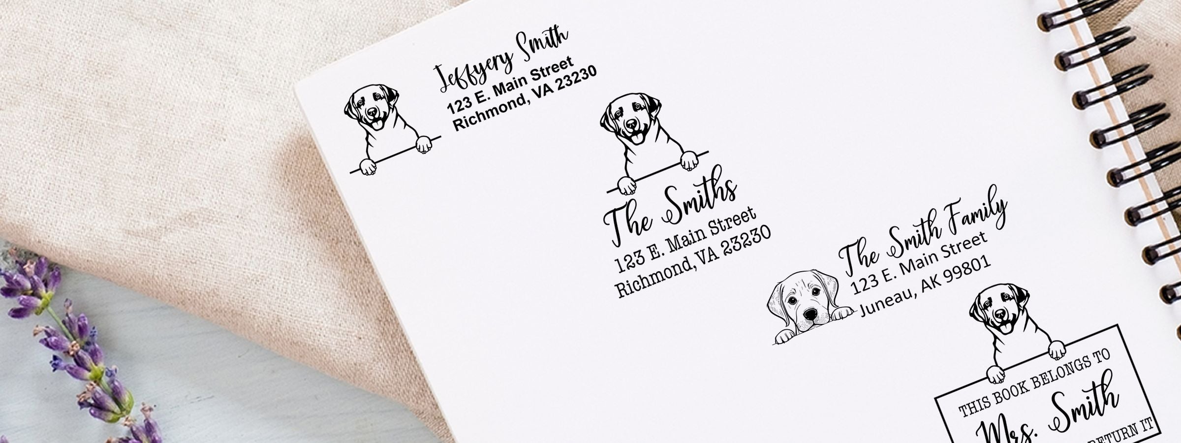 Spiral notebook with Labrador Retriever Dog Stamps and Custom Seals, pet labels, dog bookplate, sample names, beige fabric, lavender.