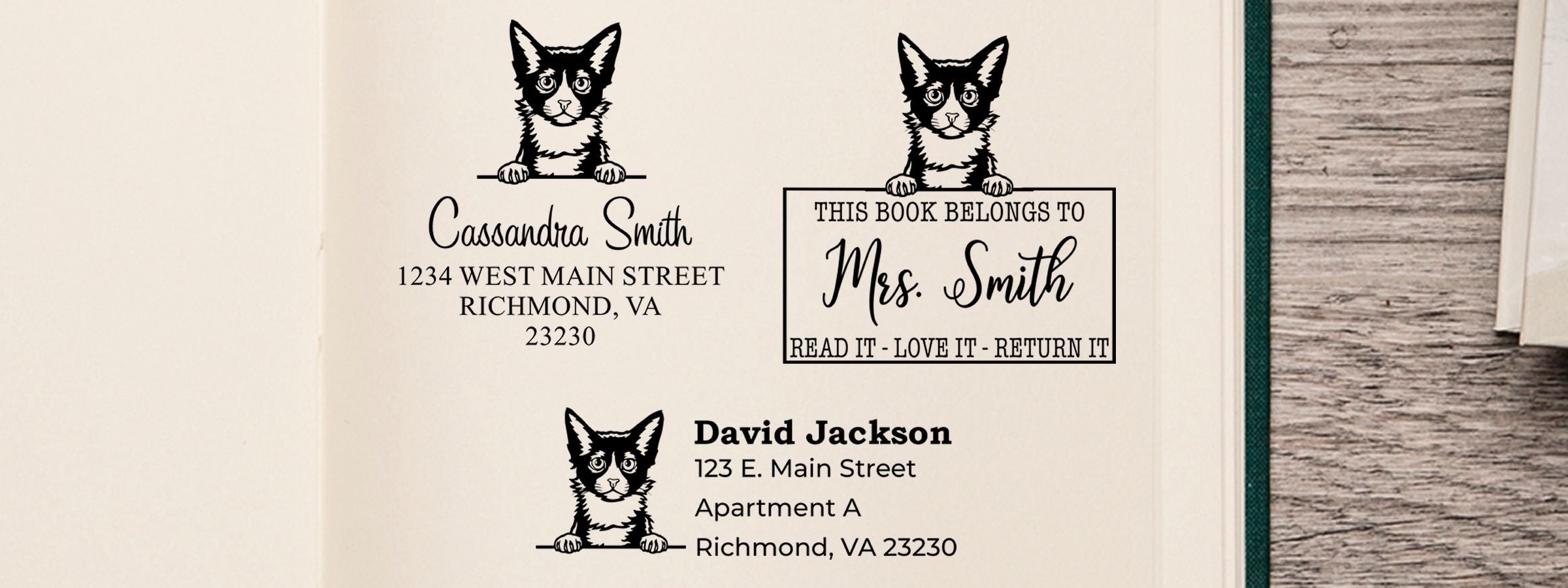 Laperm Cat Stamps and Custom Seals personalized bookplate designs with a black-and-white cat, names, and mailing addresses in an open book.