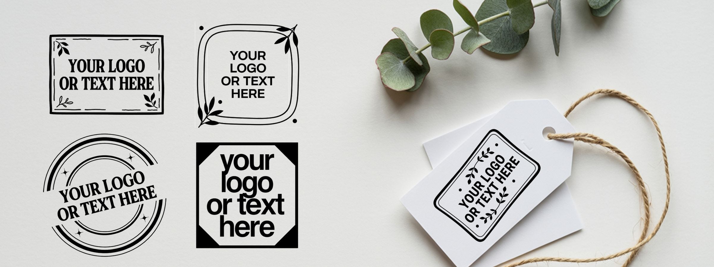Mockup of four black-and-white logo designs with a white gift tag, twine, and eucalyptus leaves for Large Custom Stamps.