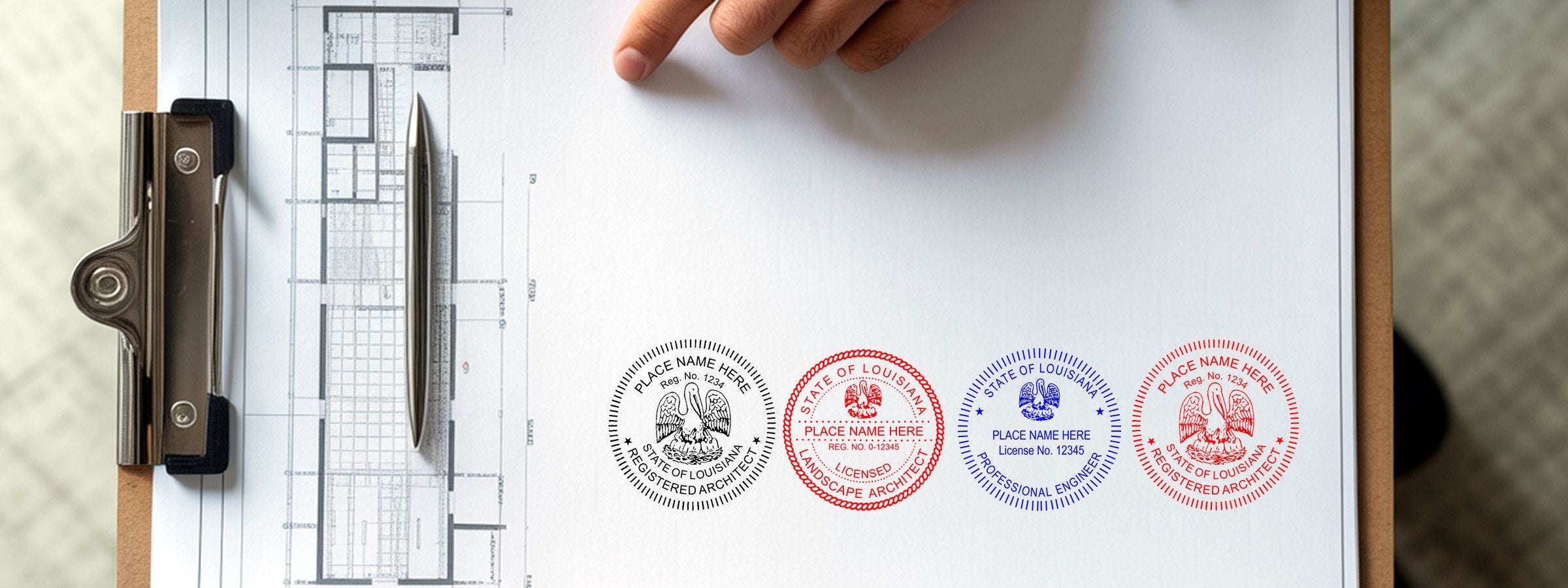 Architectural floor plan on a clipboard with pen and pointing hand, showing Louisiana Professional Seals and Stamps.