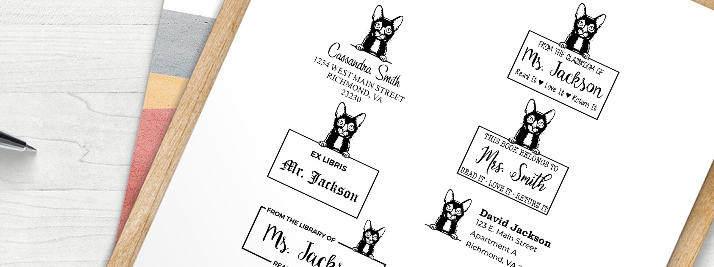 Customizable bookplate labels with black cat art, Lykoi Cat Stamps and Custom Seals, beside notebooks and a pen.