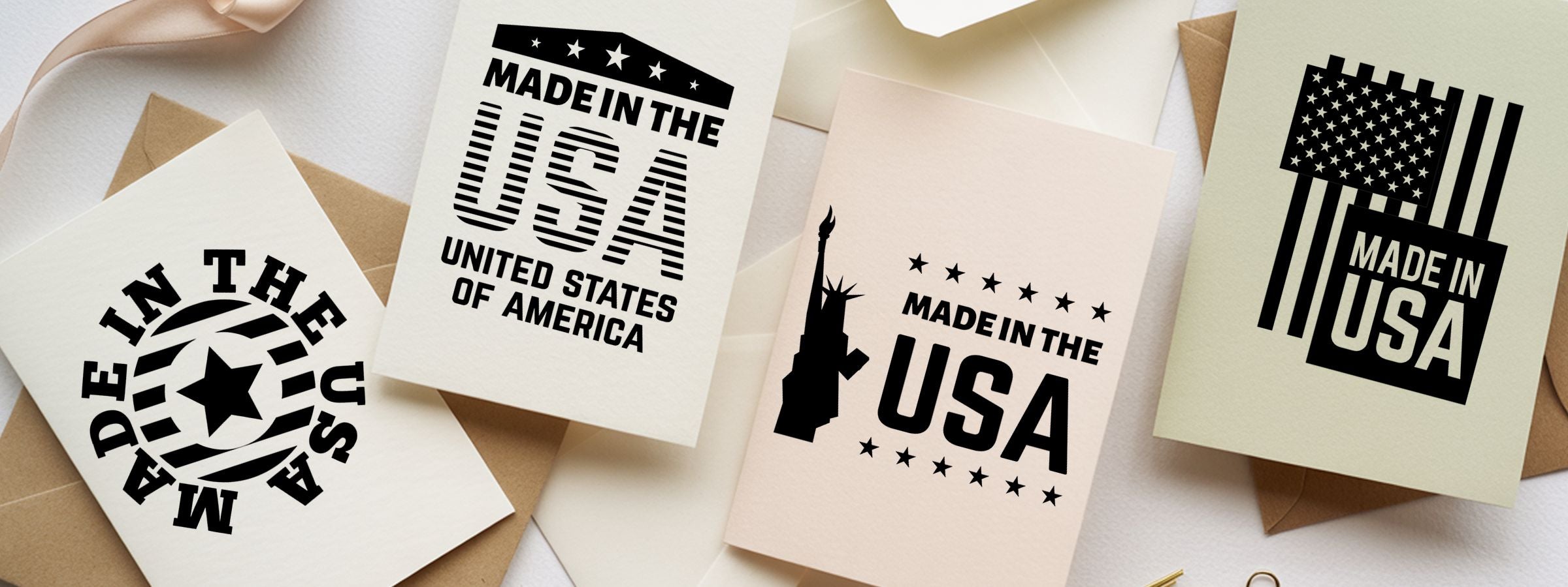 Made in USA Stamps on patriotic greeting cards and envelopes with bold black designs, stars, and an American flag graphic.