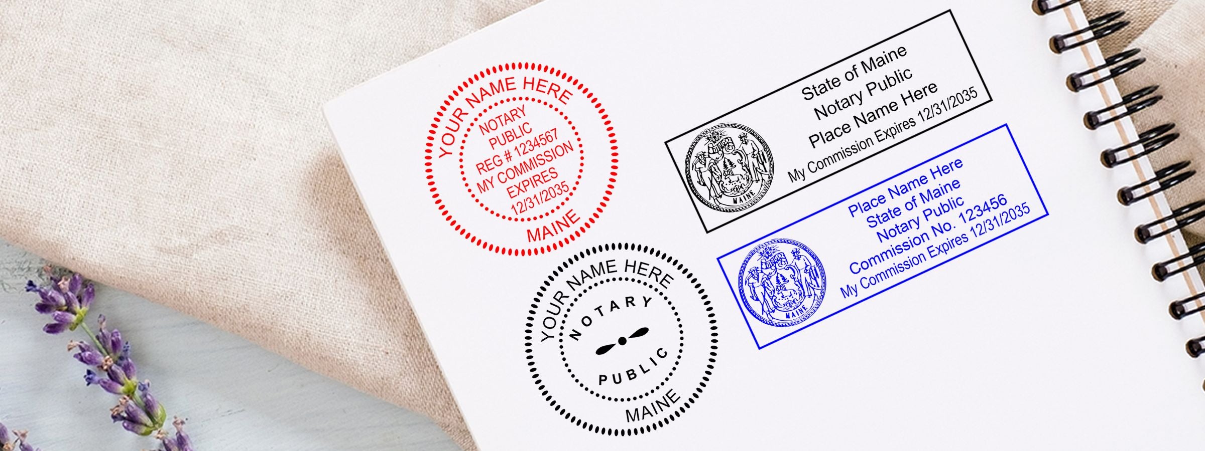 Maine Notary Supplies, Stamps and Seals notebook page with four red, black, and blue notary seal examples on fabric with lavender.