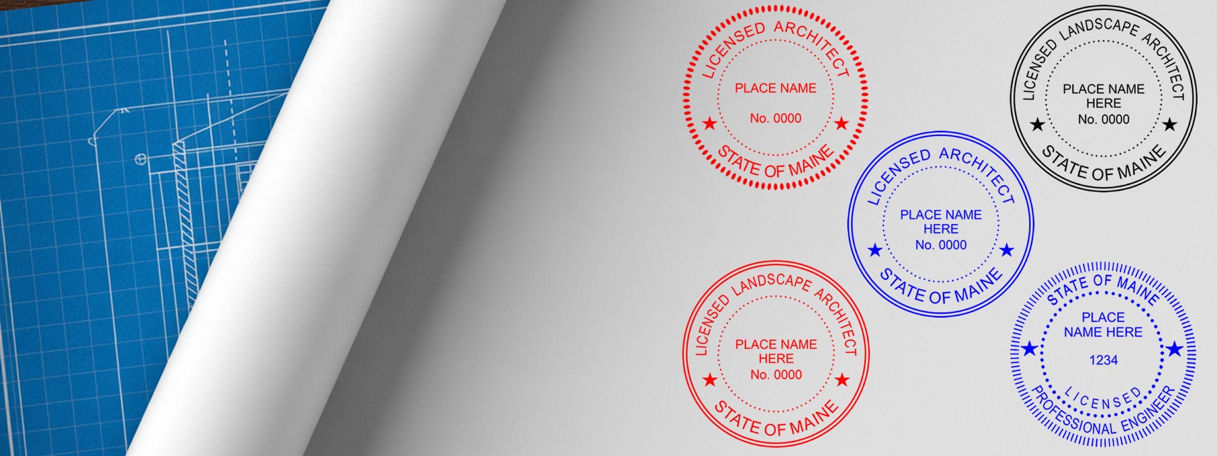 Blueprint background with rolled white sheet and five circular red, blue, and black seals for Maine Professional Seals and Stamps.