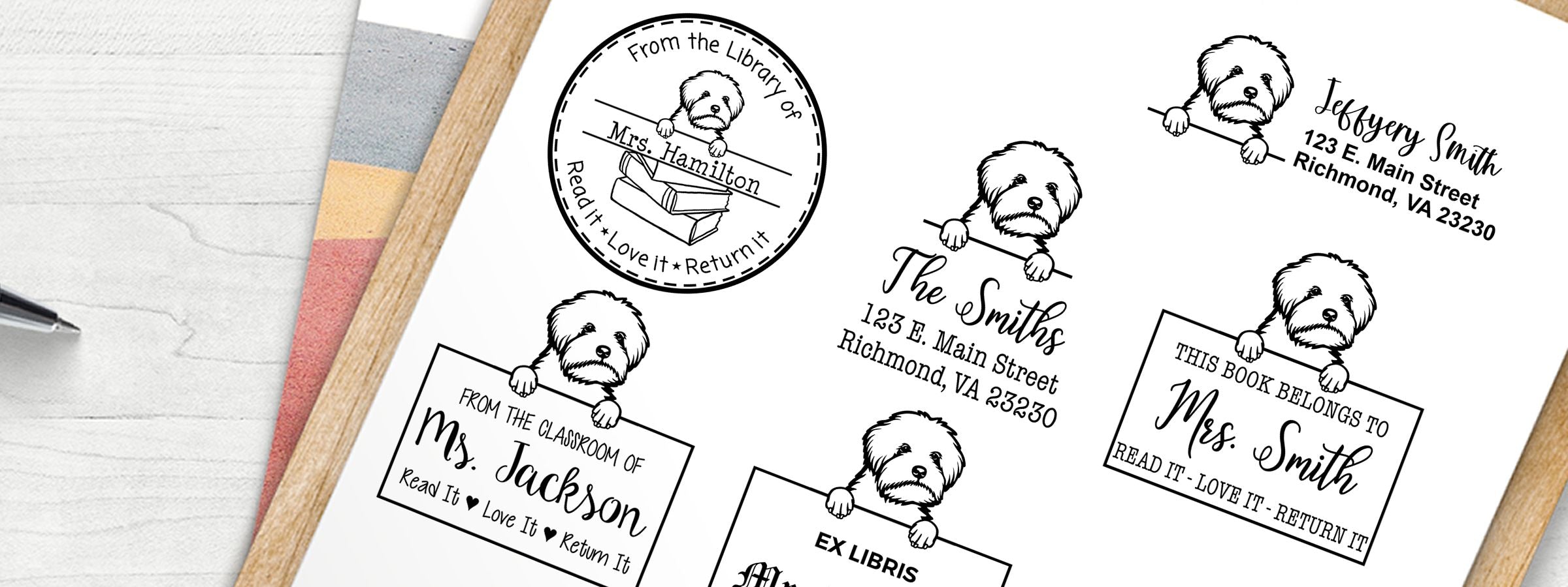 Maltipoo Dog Stamps and Custom Seals featuring fluffy bookplate designs with names, addresses, library, and classroom options.