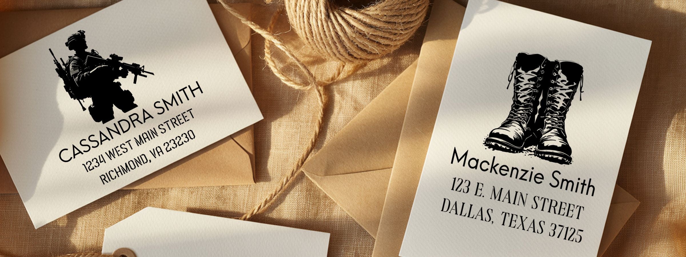 Marines Designer Stamps on two addressed envelopes with soldier and boots silhouettes, tied with twine on burlap.
