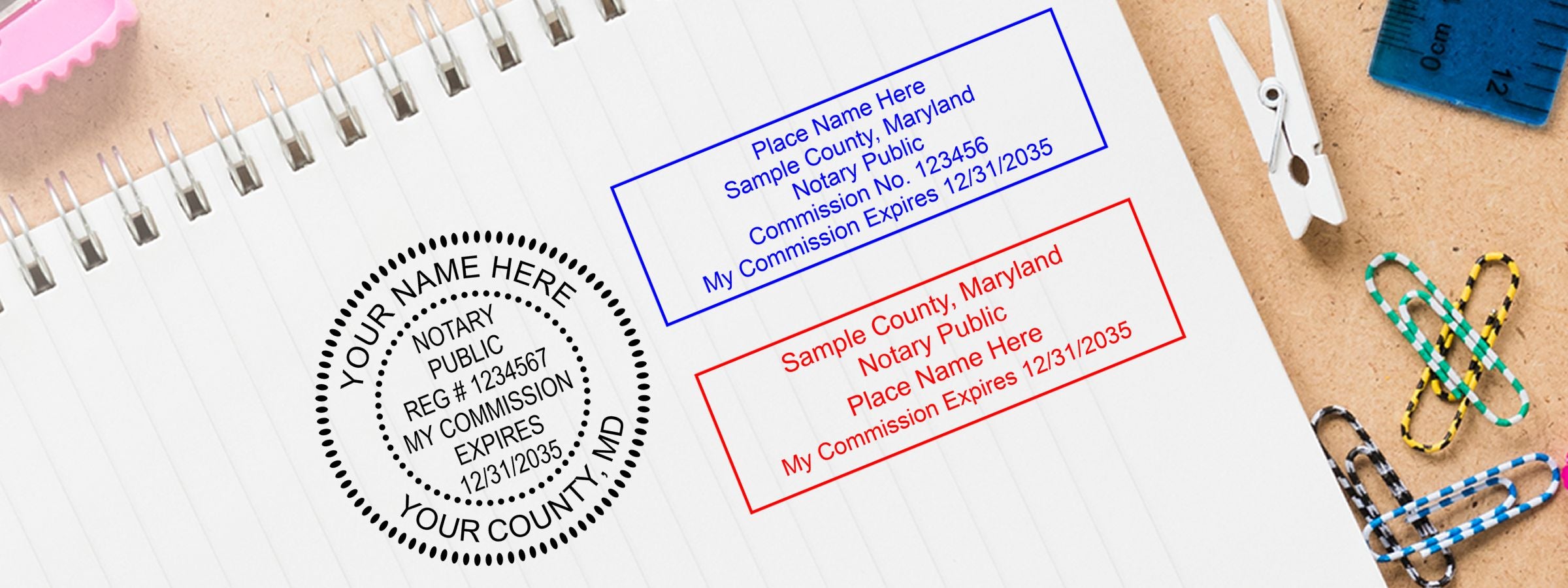 Notebook page with notary public seal, blue and red stamp samples, and stationery, featuring Maryland Notary Supplies, Stamps and Seals.