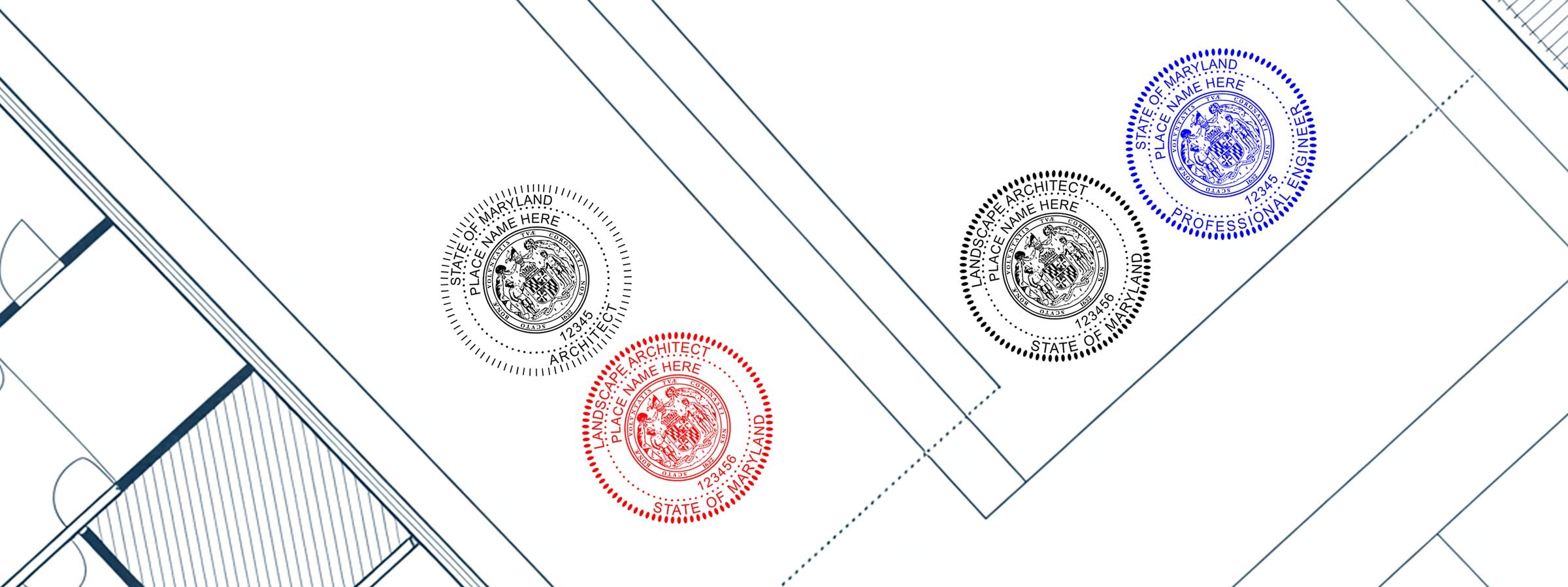 Architectural blueprint stamped with four Maryland Professional Seals and Stamps in black, red, and blue for architect, landscape architect, and engineer.