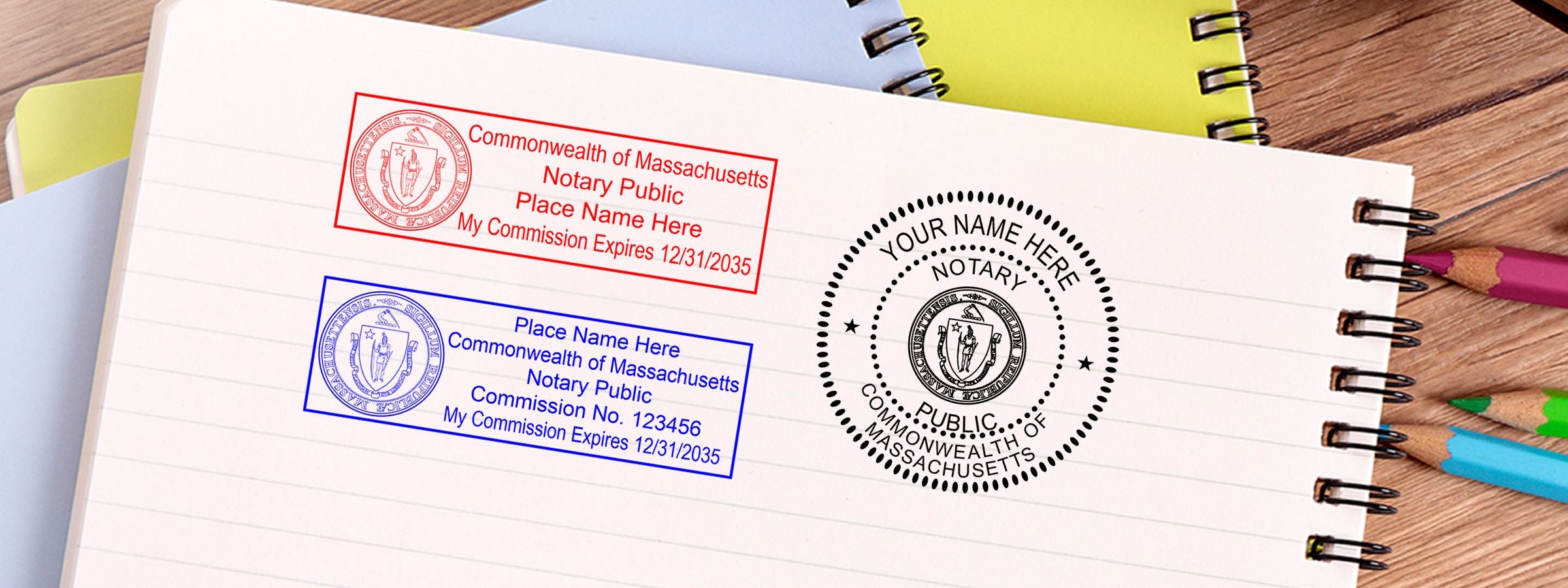 Notebook page with Massachusetts Notary Supplies, Stamps and Seals showing three Massachusetts notary seals in red, blue, and black.
