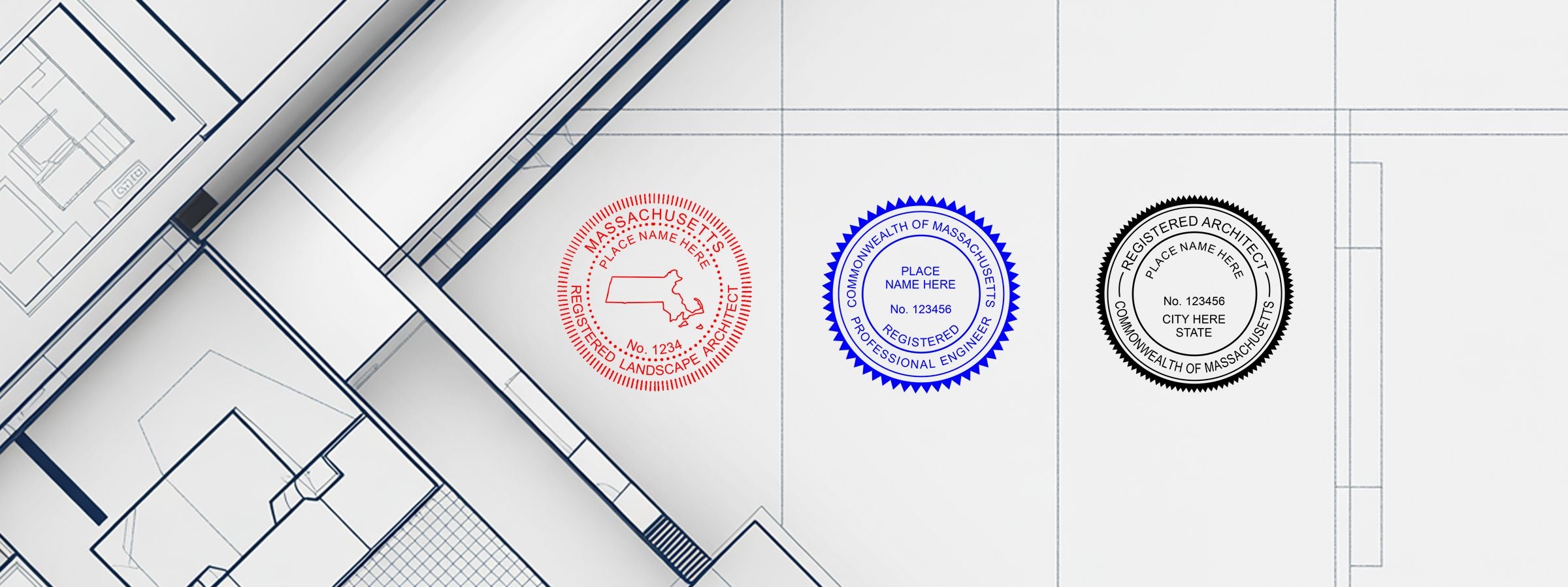 Architectural blueprint with Massachusetts Professional Seals and Stamps: red landscape architect, blue engineer, black architect seals.