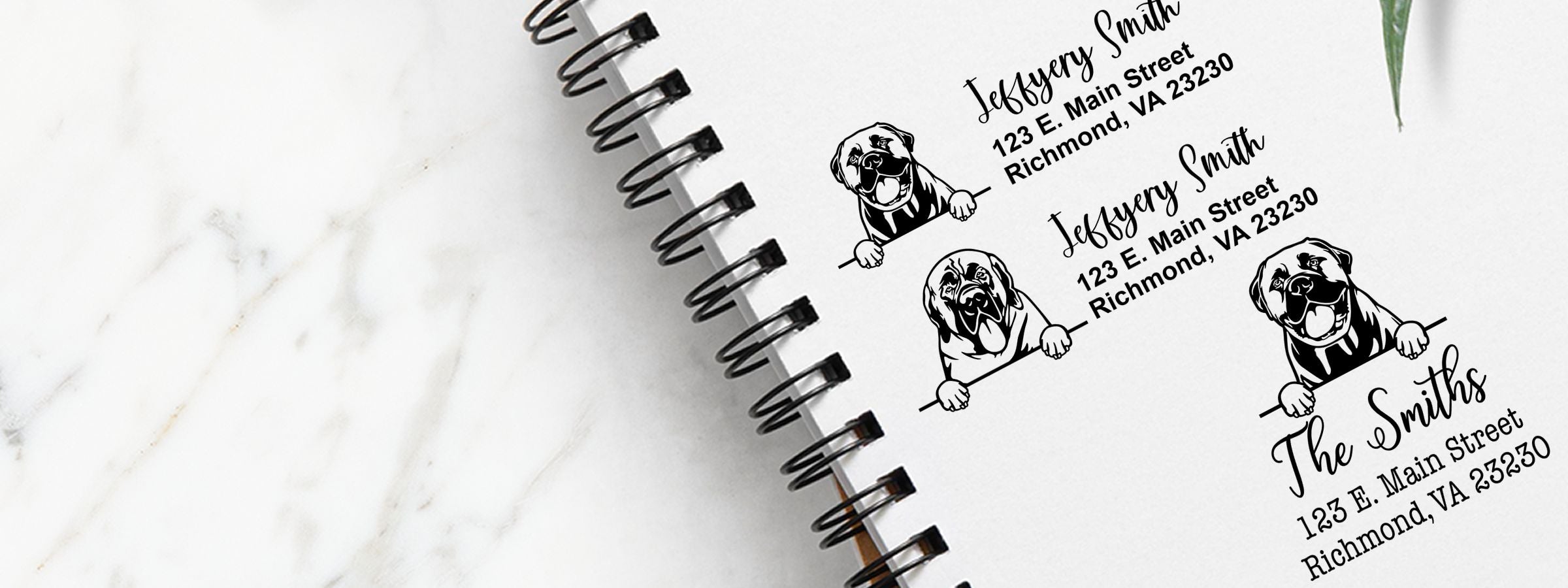 Open spiral notebook showing custom dog logo/address designs for Jeffery Smith, The Smiths, Richmond, VA, Mastiffs Dog Stamps and Custom Seals.
