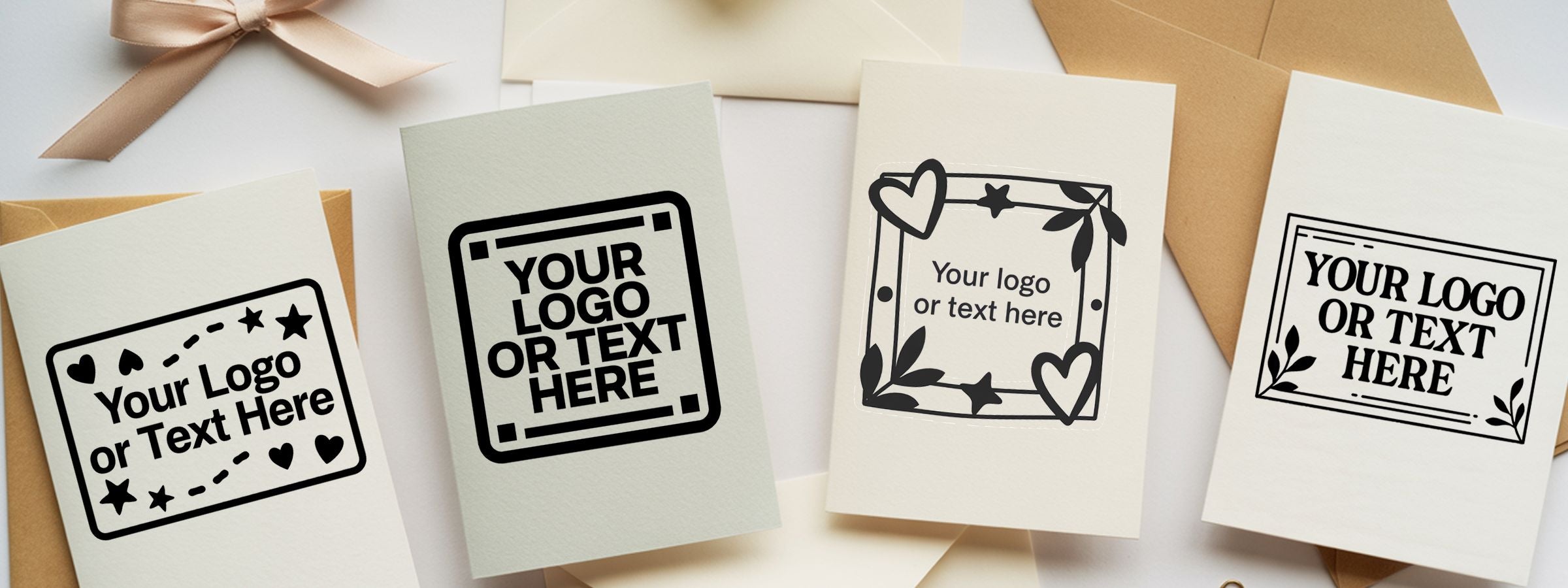 Assorted greeting card mockups with decorative borders, matching envelopes and ribbon, featuring “Your logo or text here” for Medium Custom Stamps.