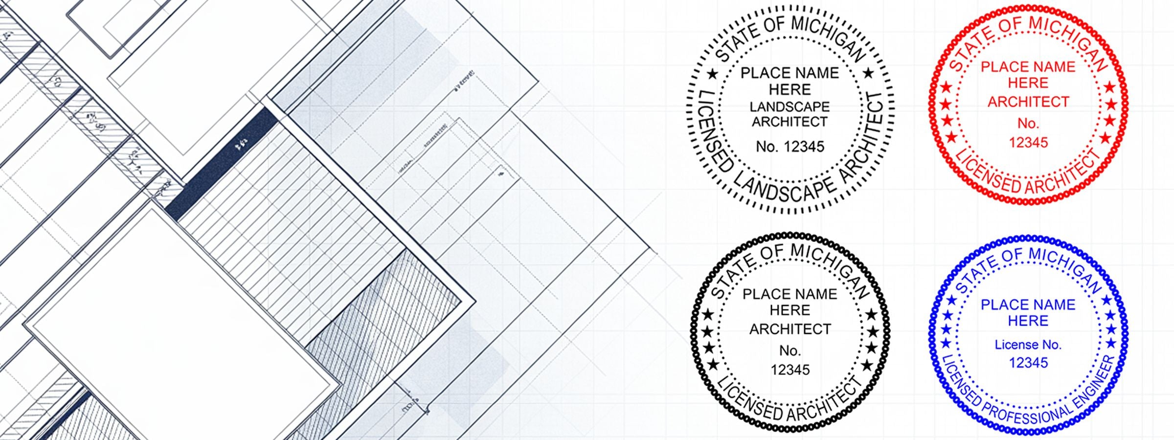 Michigan Professional Seals and Stamps on blueprint background with black, red and blue State of Michigan seals for landscape architects and engineers.