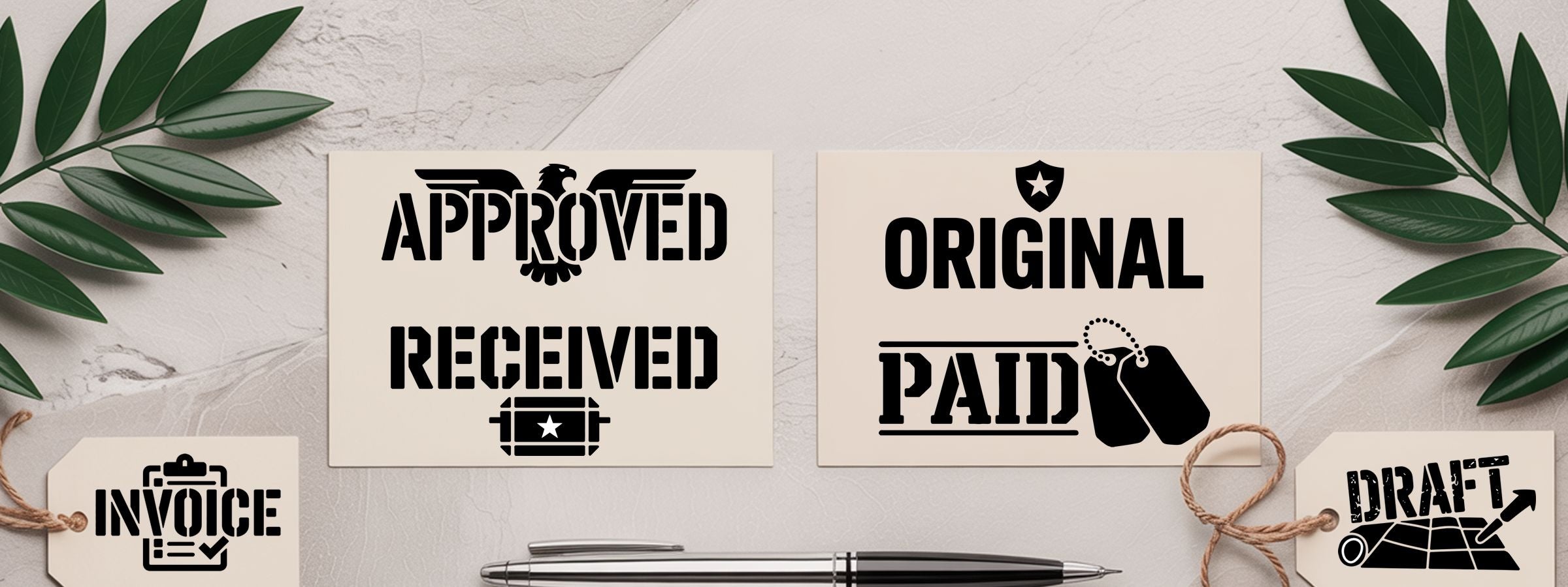 Military Themed Stock Stamps on cream tags with office-style words, green leaves, and a pen on marble.
