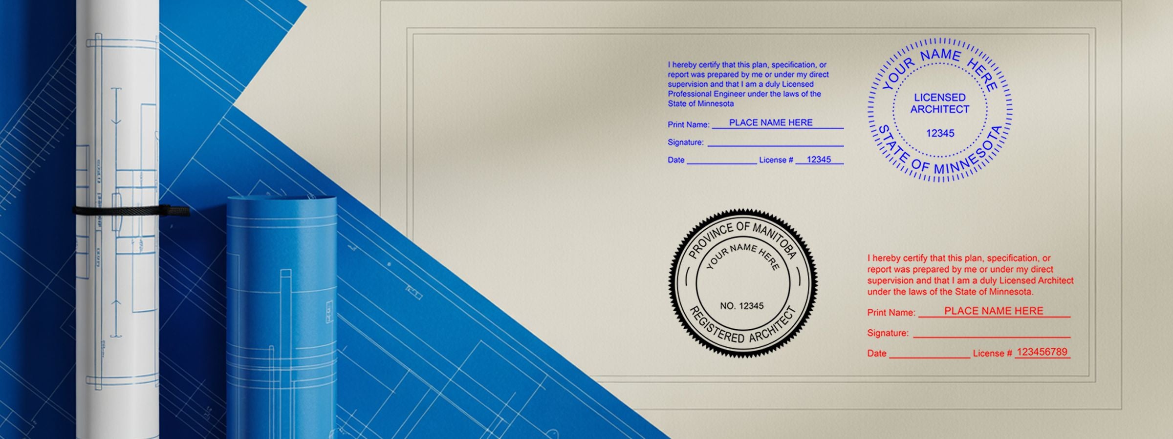 Architectural blueprint background with rolled plans and Minnesota Professional Seals and Stamps, plus engineer and architect certification blocks.