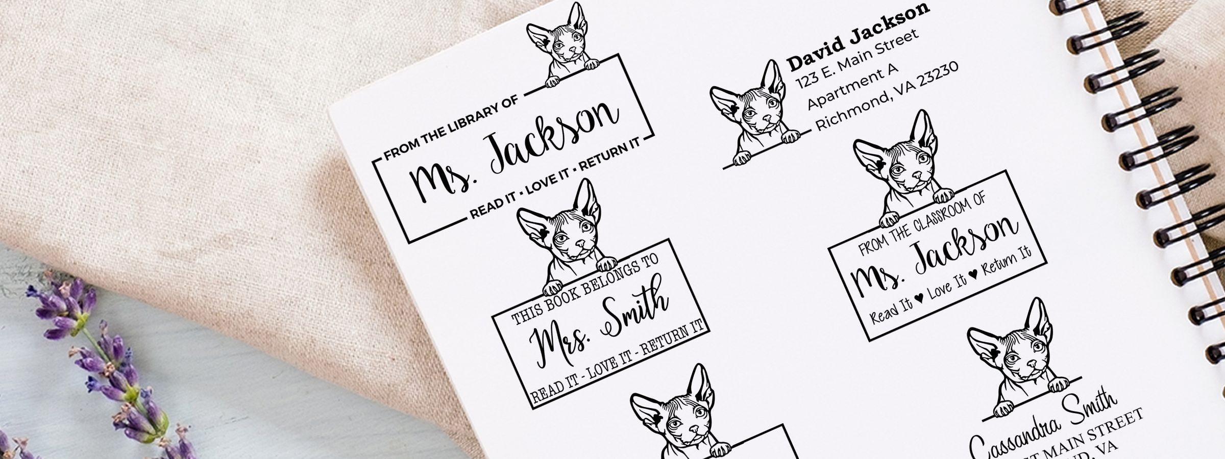 Black-and-white custom bookplate and address stamp designs with dog art, Ms. Jackson and Mrs. Smith; Minskin Cat Stamps and Custom Seals