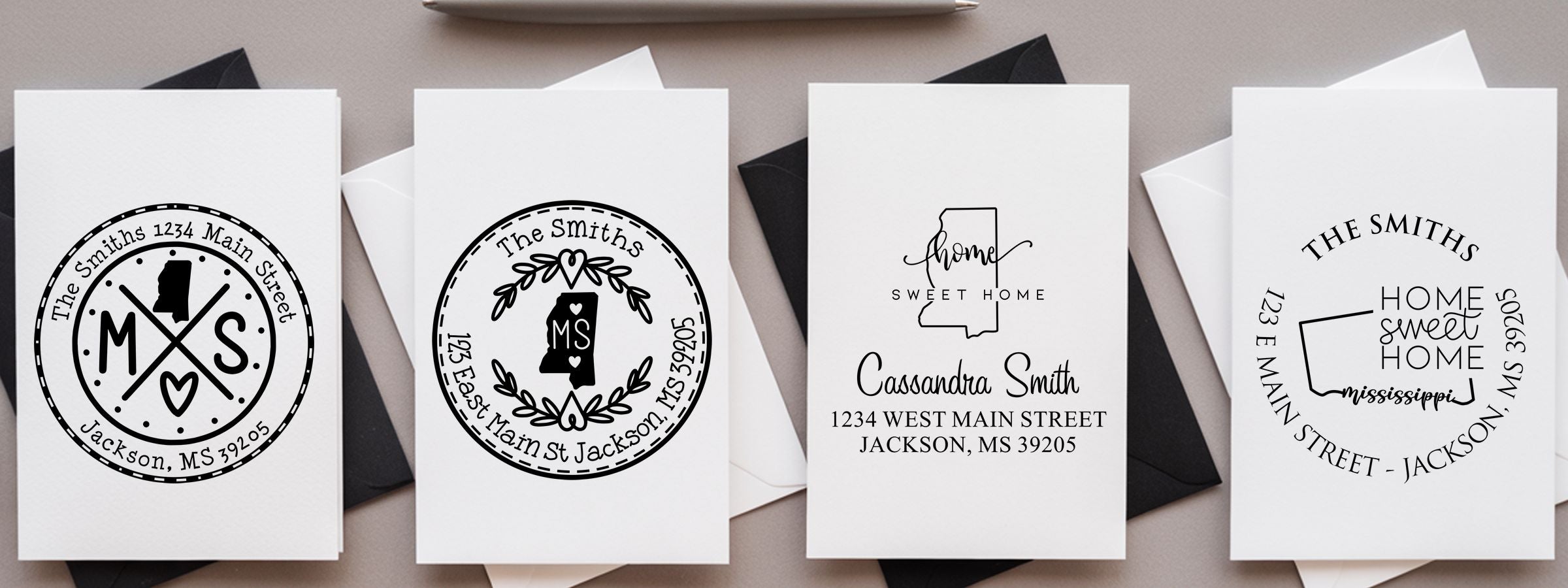 Mississippi Designer Stamps and Seals: four white personalized greeting cards with black home designs, Mississippi motifs, and The Smiths.