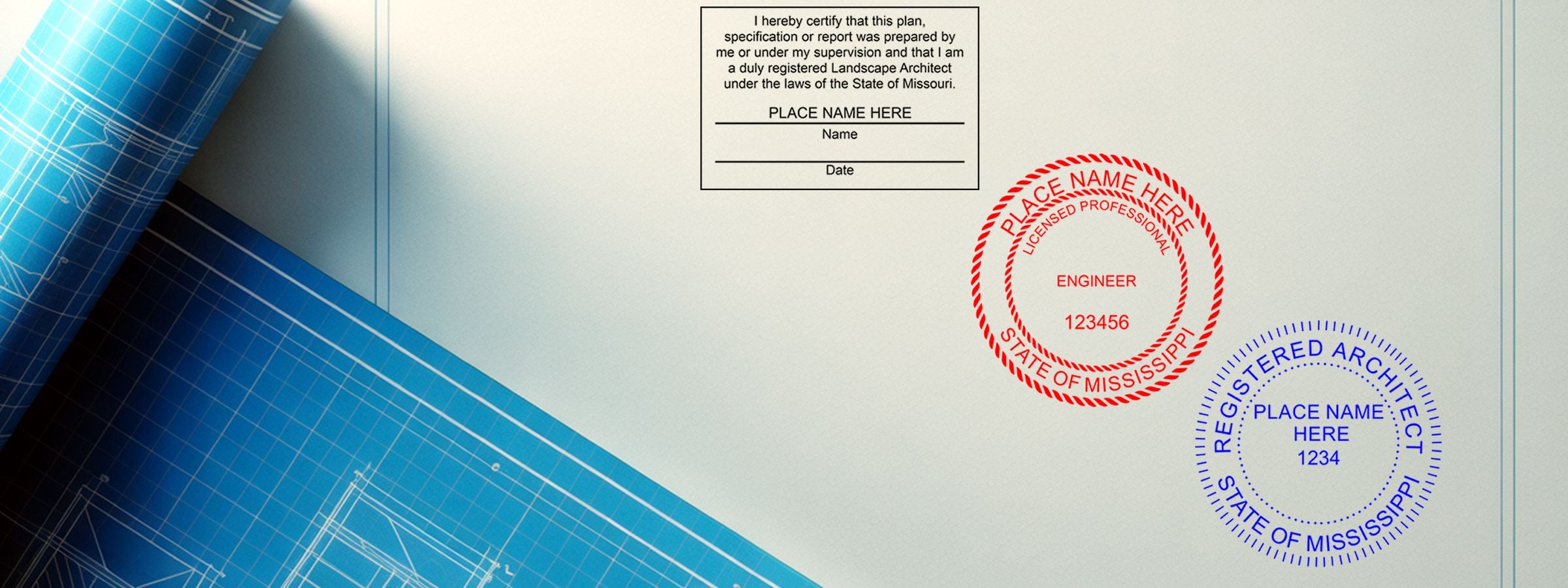 Rolled blueprints beside a blank plan sheet with certification box and red-blue seals, featuring Mississippi Professional Seals and Stamps.
