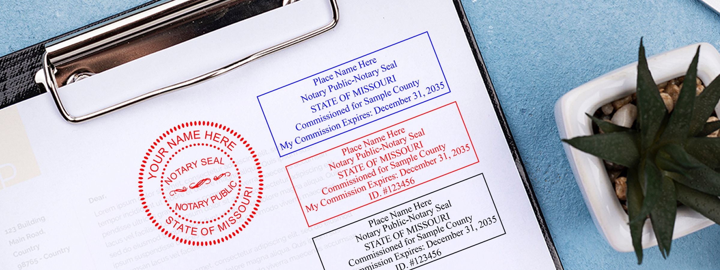 Missouri Notary Supplies, Stamps and Seals sample document with red, blue, and black notary seal designs beside a potted succulent on blue surface.