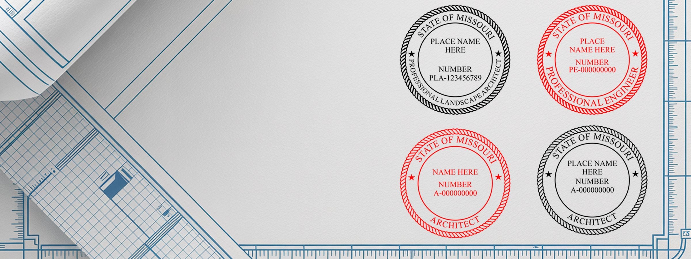 Blueprint-style background with four Missouri Professional Seals and Stamps for landscape architect, engineer, and architect in black and red.