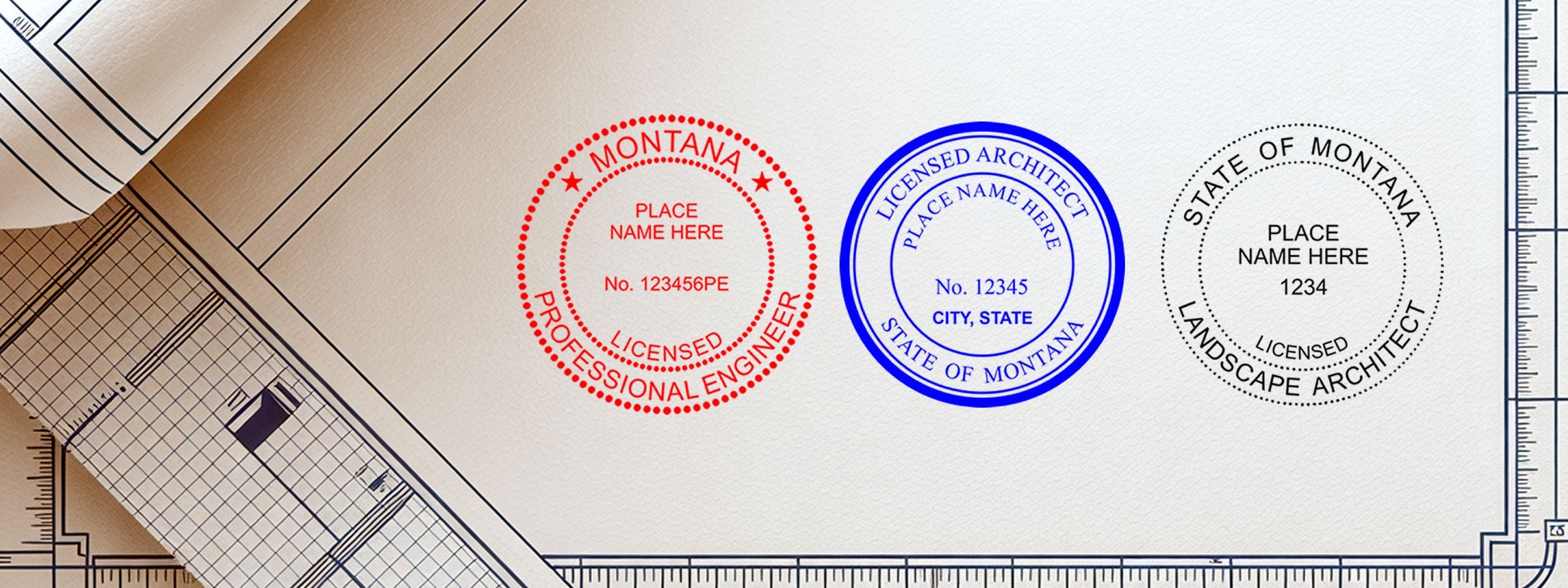 Blueprint-style background with three Montana seals: engineer, architect, and landscape architect. Montana Professional Seals and Stamps.