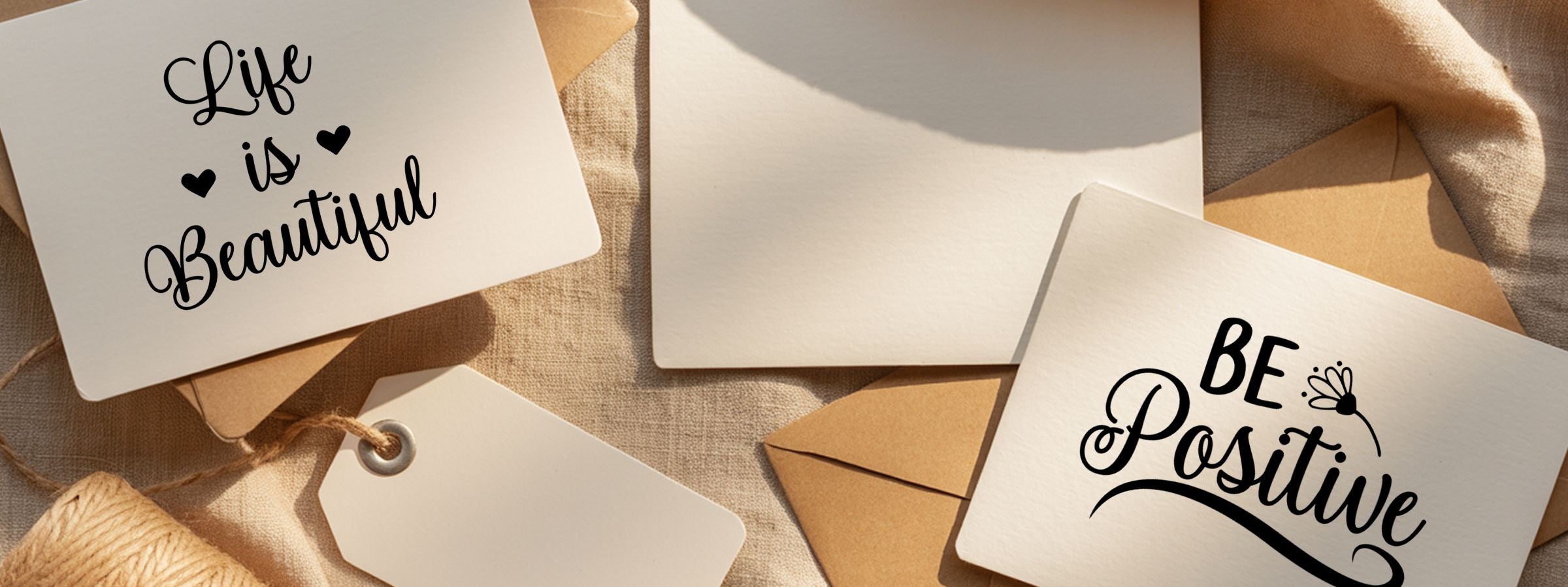 Beige fabric stationery with Motivational Craft Stamps, quote cards Life is Beautiful and Be Positive, plus blank cards, envelopes, and gift tag in sunlight.