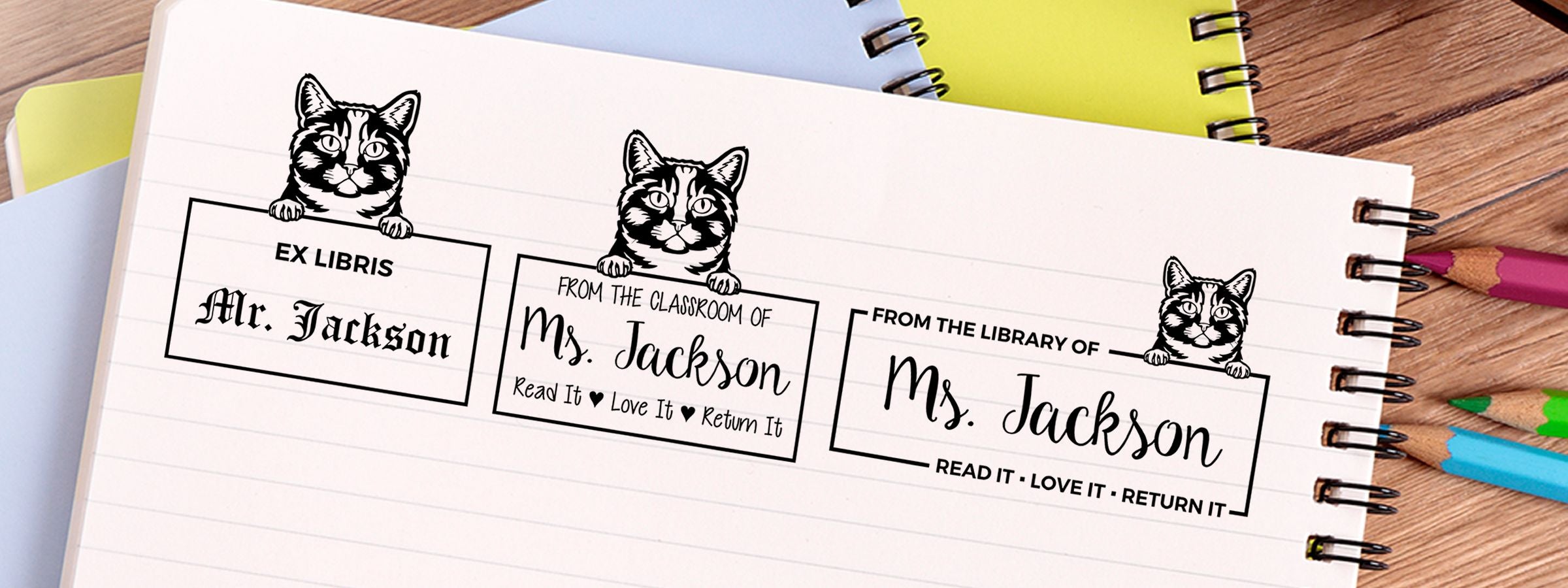 Cat-themed bookplate labels for Mr. and Ms. Jackson on a notebook, with pencils and notebooks; Munchkin Cat Stamps and Custom Seals.