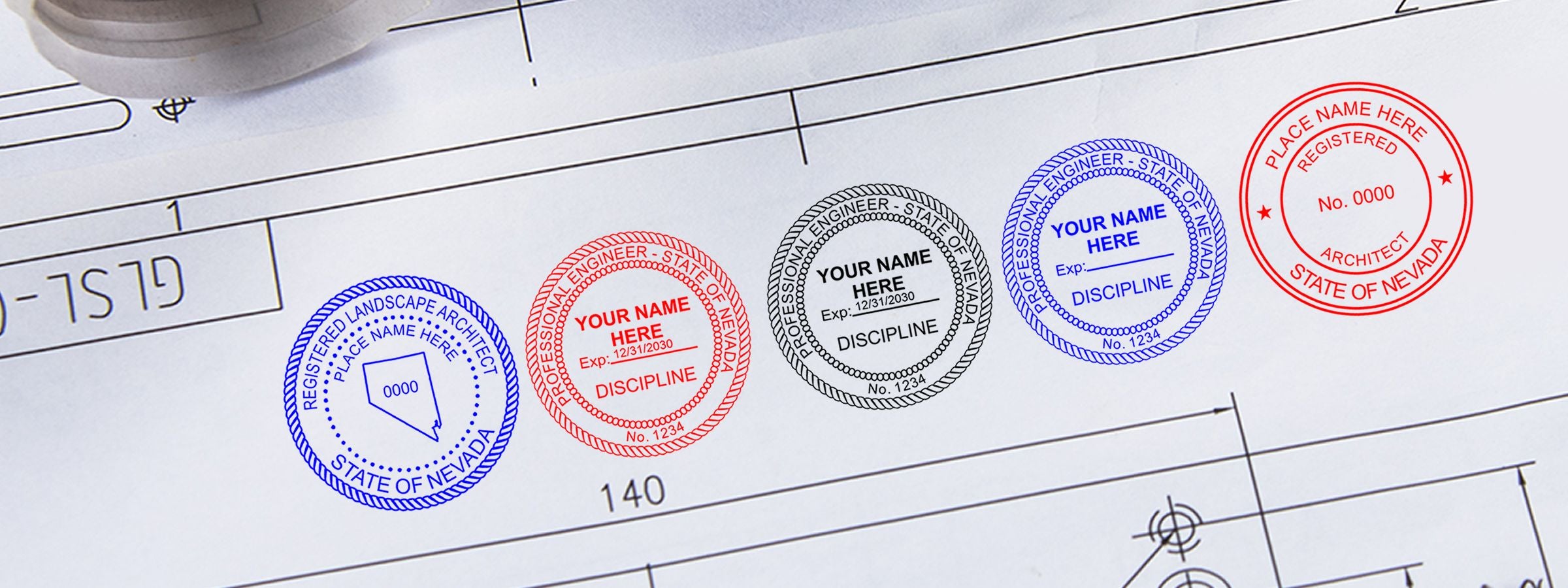 Five colorful engineer and architect seals on a blueprint, featuring Nevada Professional Seals and Stamps in blue, red, and black circular stamps.