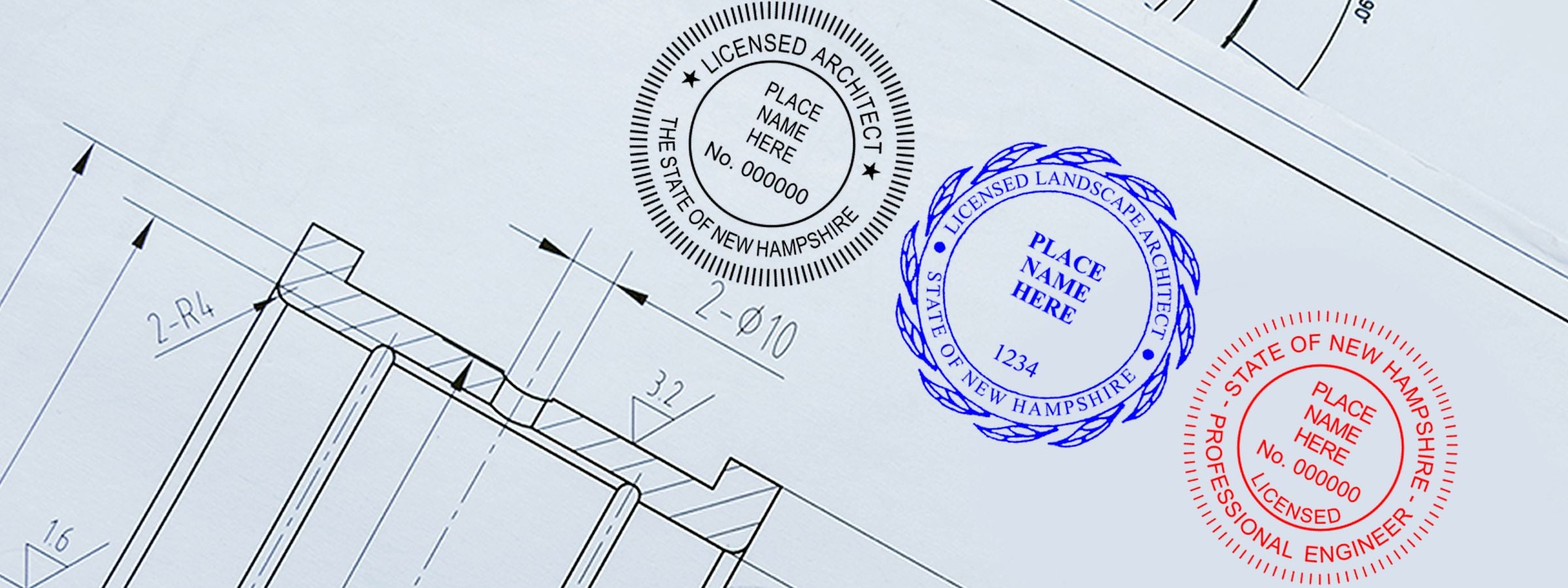 Architectural blueprint with dimension lines and New Hampshire Professional Seals and Stamps for architect, landscape architect, and engineer.