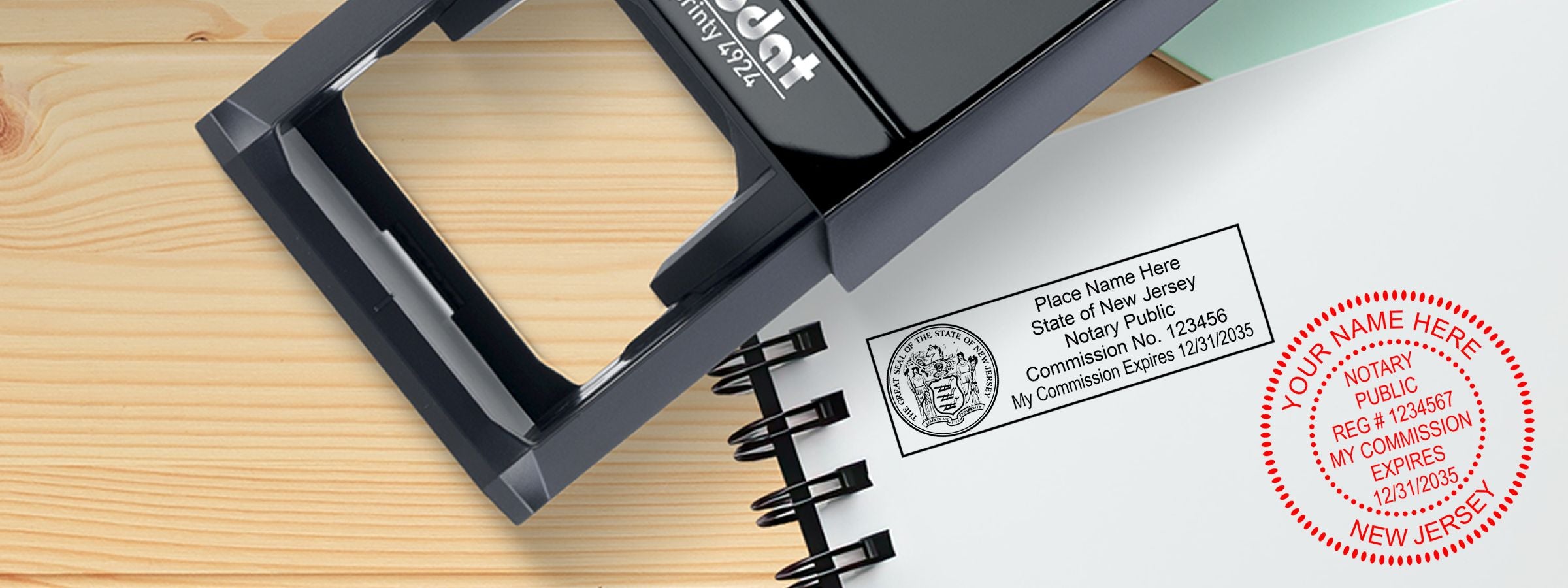 Black notary embosser and notebook page with New Jersey notary public stamp and seal sample for New Jersey Notary Supplies, Stamps and Seals.