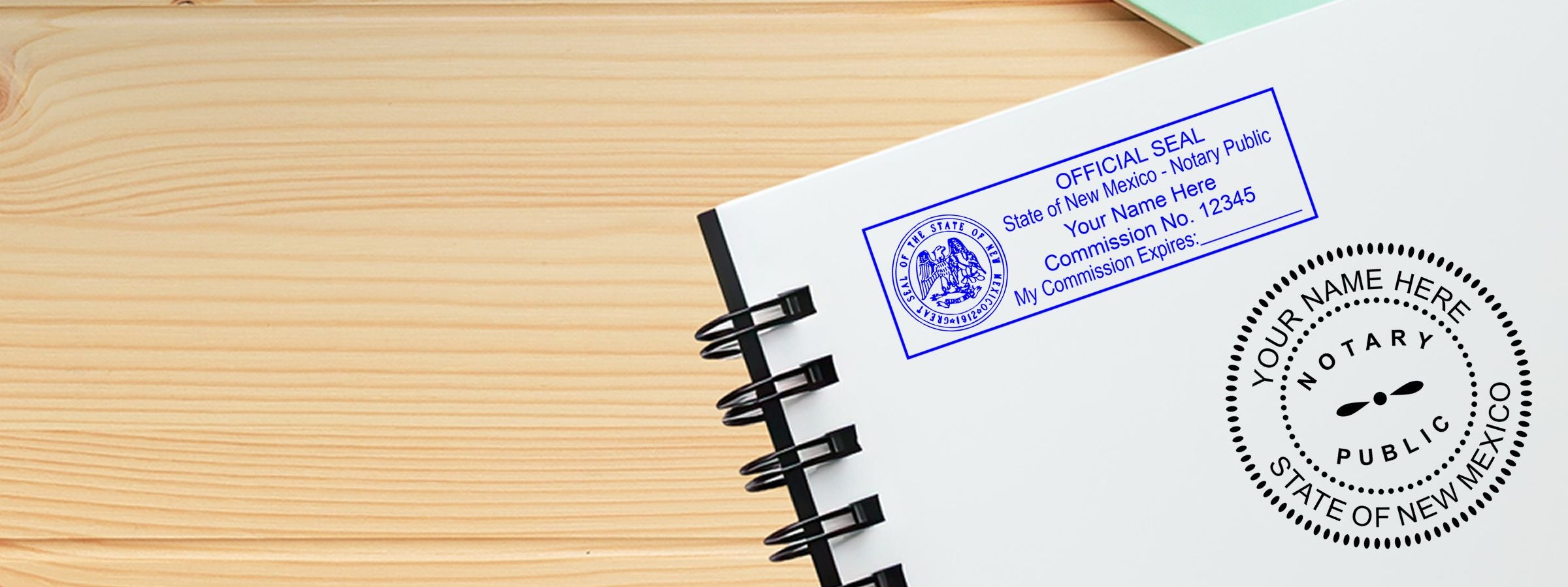 Spiral notebook on wood with New Mexico notary public seal and official stamp, featuring New Mexico Notary Supplies, Stamps and Seals.