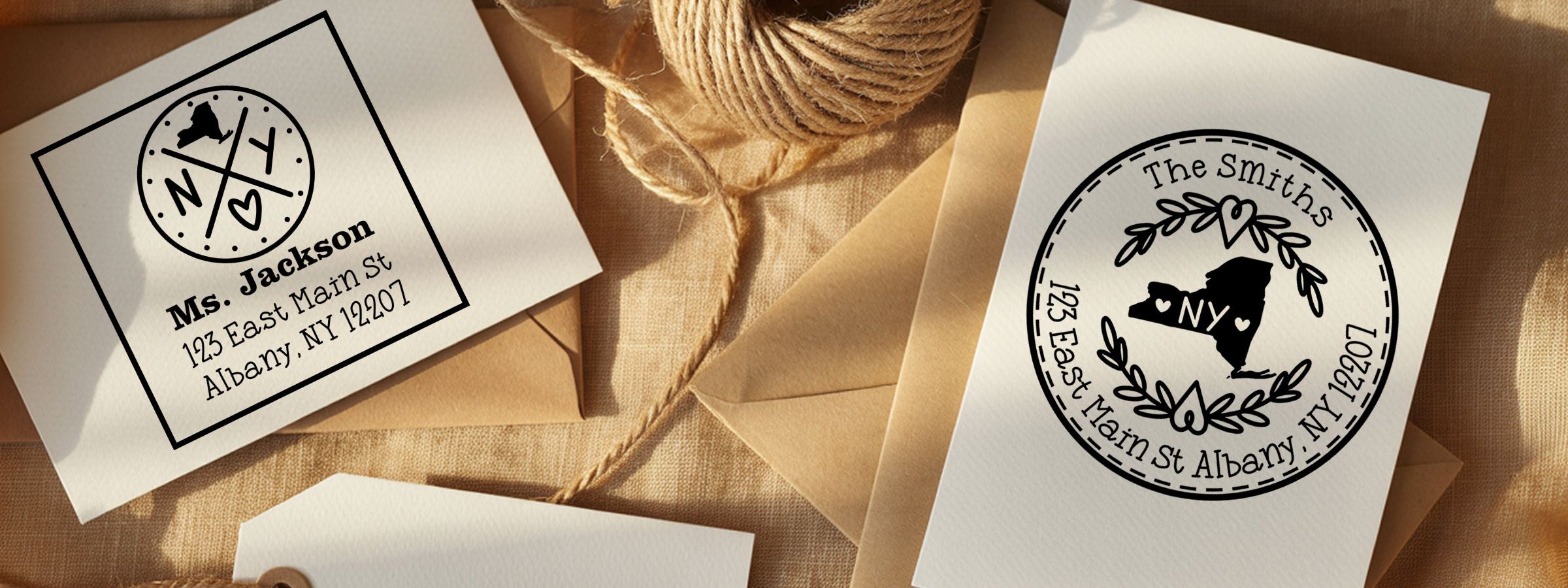 Overhead kraft envelopes tied with twine, personalized by New York Designer Stamps and Seals for Ms. Jackson and The Smiths with New York design.