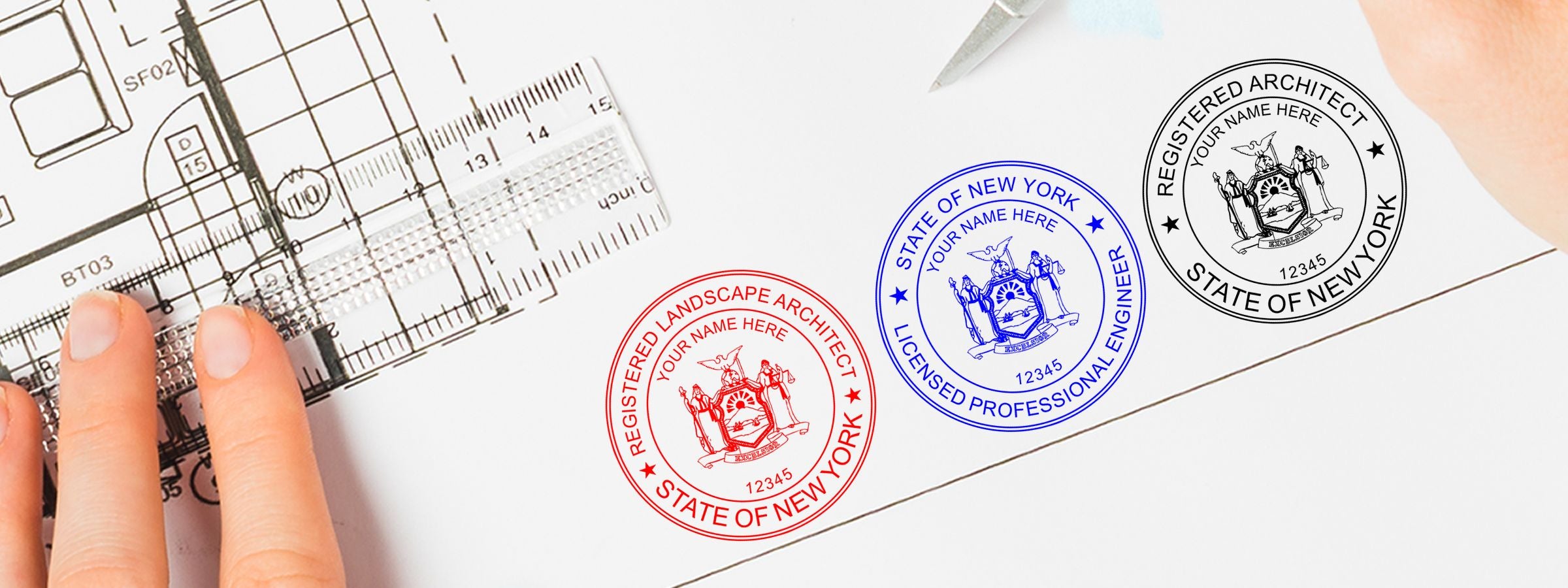 Hands with a transparent ruler over an architectural blueprint, plus New York Professional Seals and Stamps for landscape architect, engineer, architect.