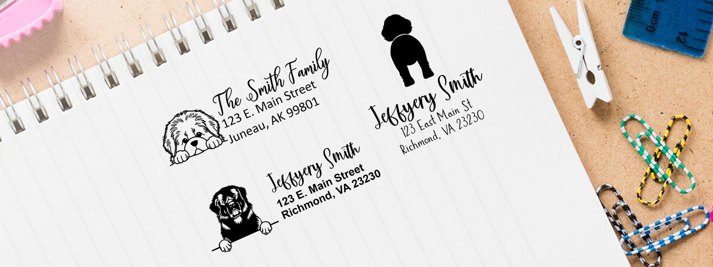 Notebook page with personalized address labels, dog illustrations, and names like The Smith Family, plus Newfoundland Dog Stamps and Custom Seals.