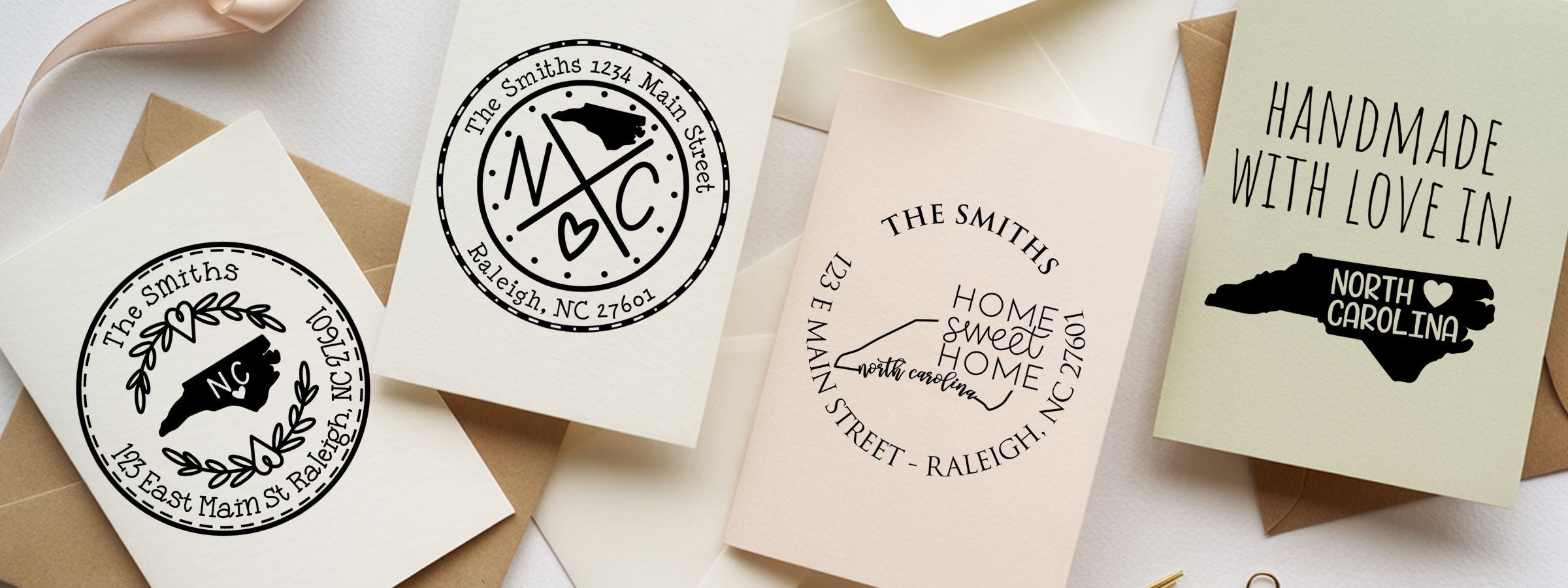 Handmade North Carolina greeting cards and envelopes with custom NC address designs by North Carolina Designer Stamps and Seals.