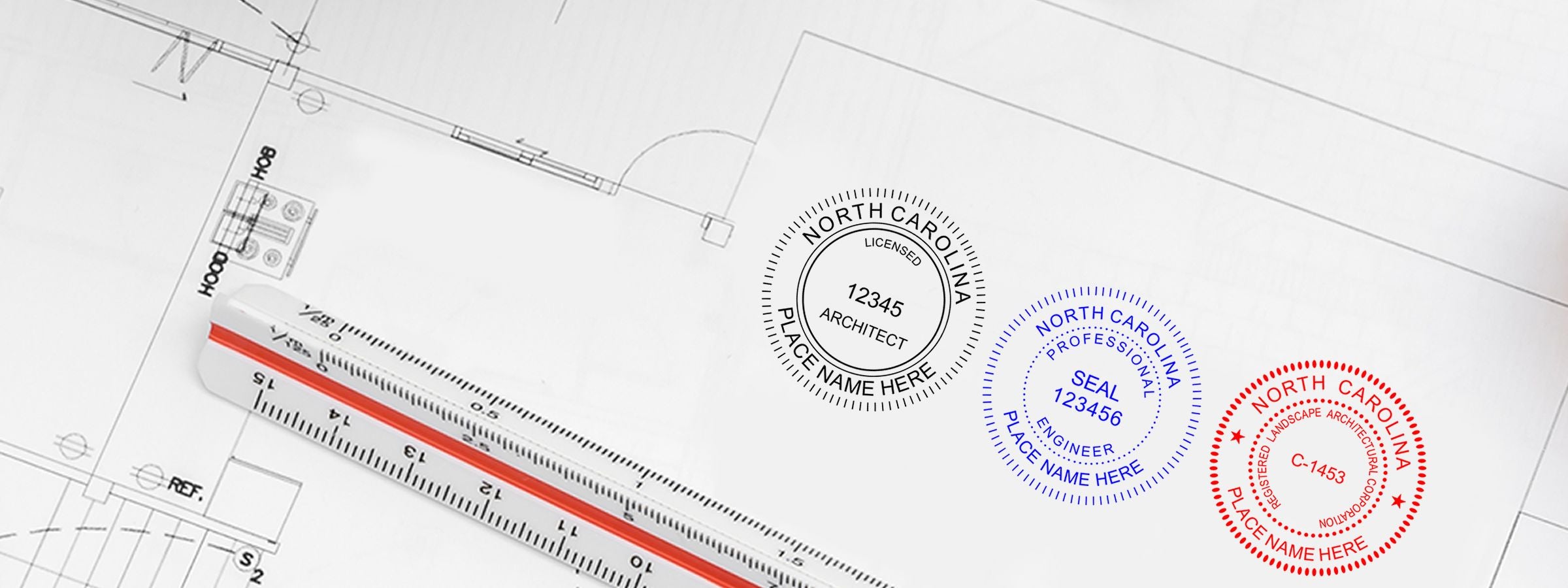 Architectural floor plan with drafting scale and three North Carolina Professional Seals and Stamps in black, blue, and red.
