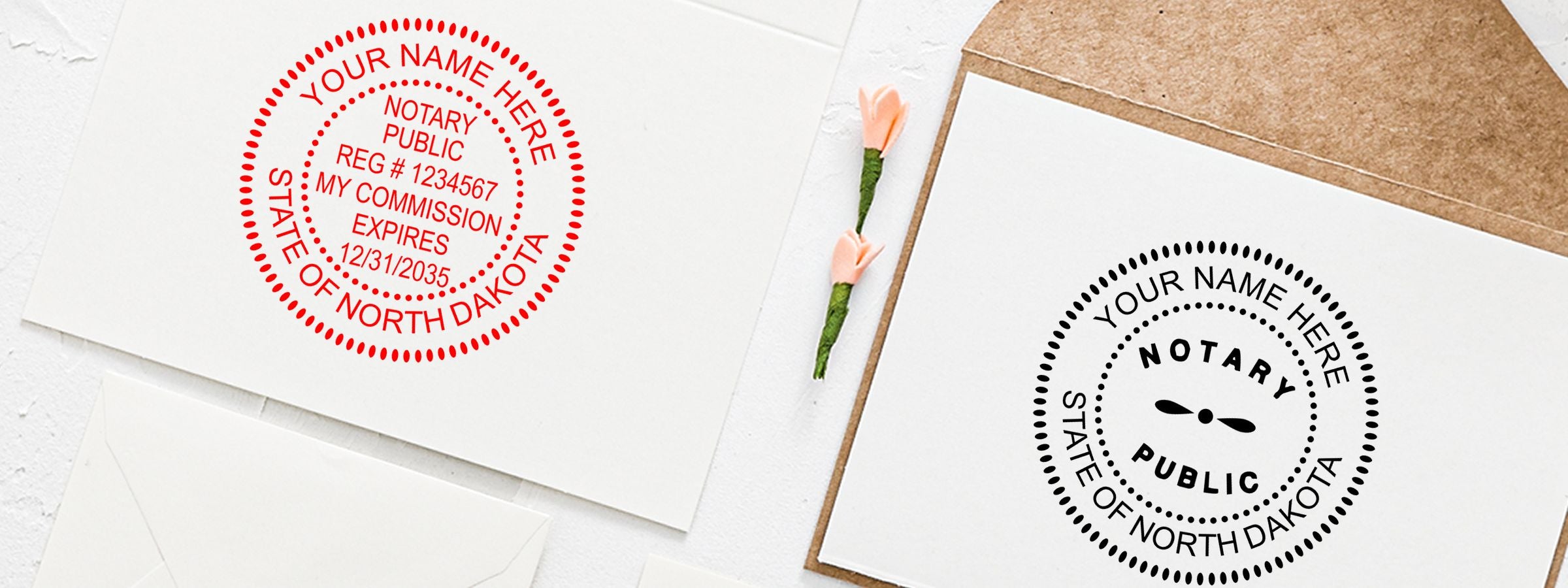 North Dakota Notary Supplies, Stamps and Seals: Two notary seal designs in red and black on white stationery with flower and envelope.