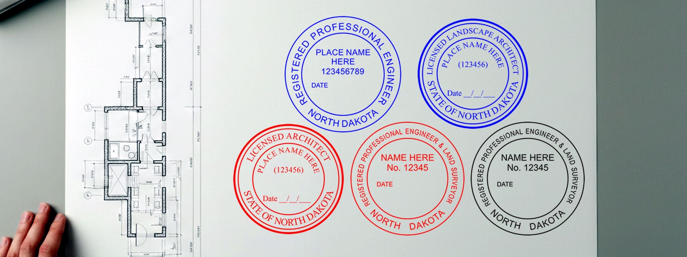 North Dakota Professional Seals and Stamps: hand holding an architectural floor plan with six circular engineer, architect, and surveyor seals.
