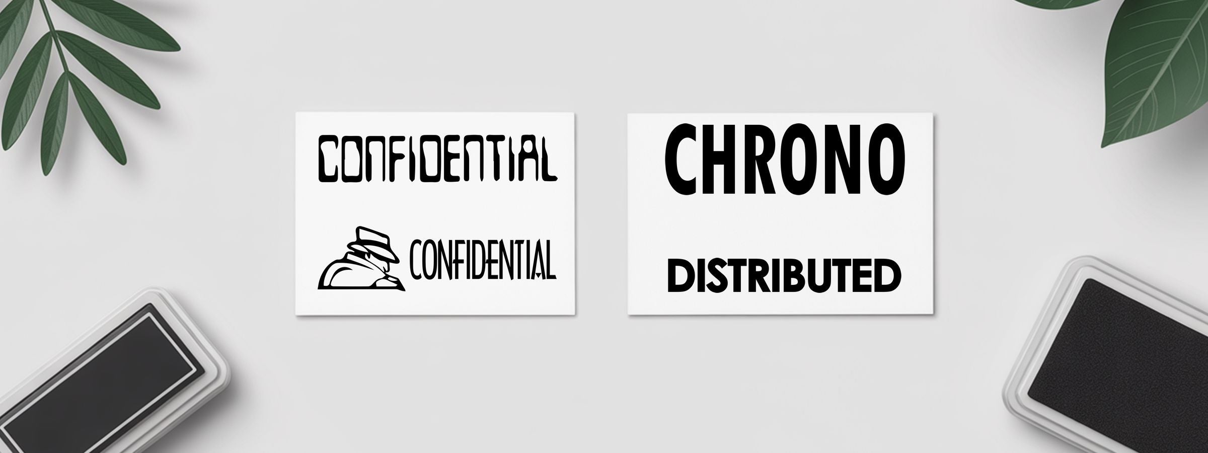 Office and Administrative Stock Stamps: two white cards labeled CONFIDENTIAL, CHRONO, and DISTRIBUTED, framed by leaves and dark corners.